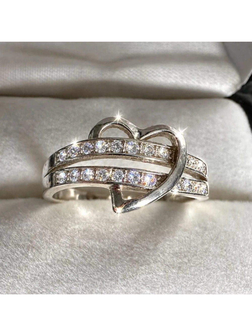 925 Sterling Silver Double Row Clear Stone Heart Ring Love Band